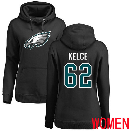 Women Philadelphia Eagles #62 Jason Kelce Black Name and Number Logo NFL Pullover Hoodie Sweatshirts